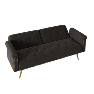 English Elm A Velvet 69.7" Sofa Bed with Gold Legs, Nailhead Trim, 2-Seater Convertible Sofa with Pillow Black W3356P298444