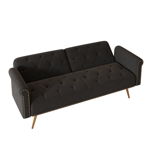 English Elm A Velvet 69.7" Sofa Bed with Gold Legs, Nailhead Trim, 2-Seater Convertible Sofa with Pillow Black W3356P298444