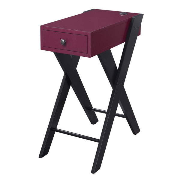 English Elm Burgundy Rectangular Side Table with Drawer and Dual USB Ports, X-Style Wood Legs, Compact Chic B062P185647