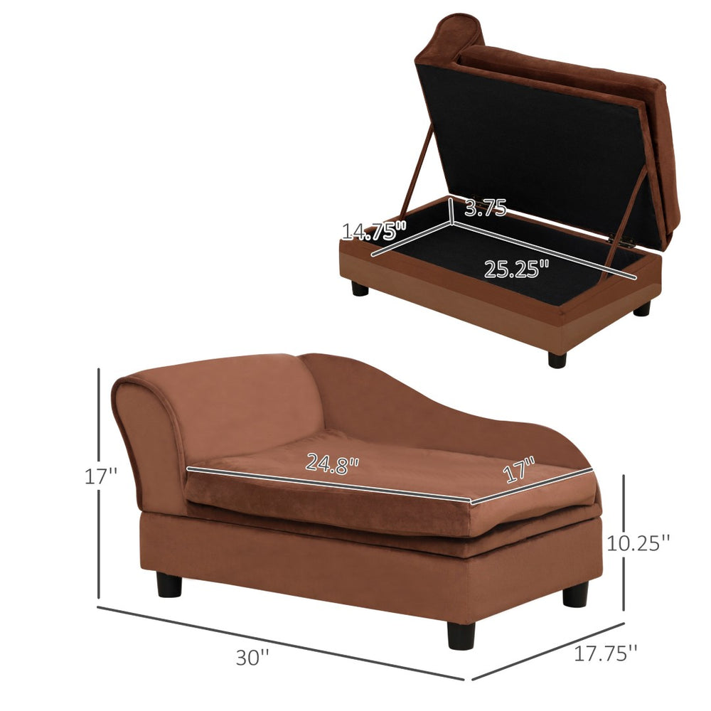 English Elm Pet Sofa with Lift Top Storage Tufted Flannel Cushion Eucalyptus Wood Frame Brown T3971P406650
