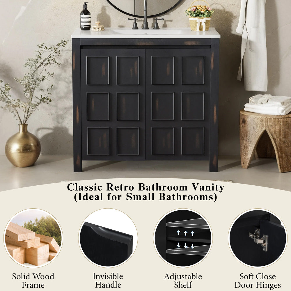 English Elm 36" Bathroom Vanity Organizer with Ceramic Sink, Solid Wood Distressed Finish, Hand-Painted Charm and Ample Storage Espresso N729P255666P