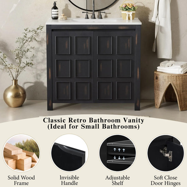 English Elm Modern 48 Inch Freestanding Bathroom Vanity Dual Ceramic Sinks Soft Close Gold Handles N729P000004P