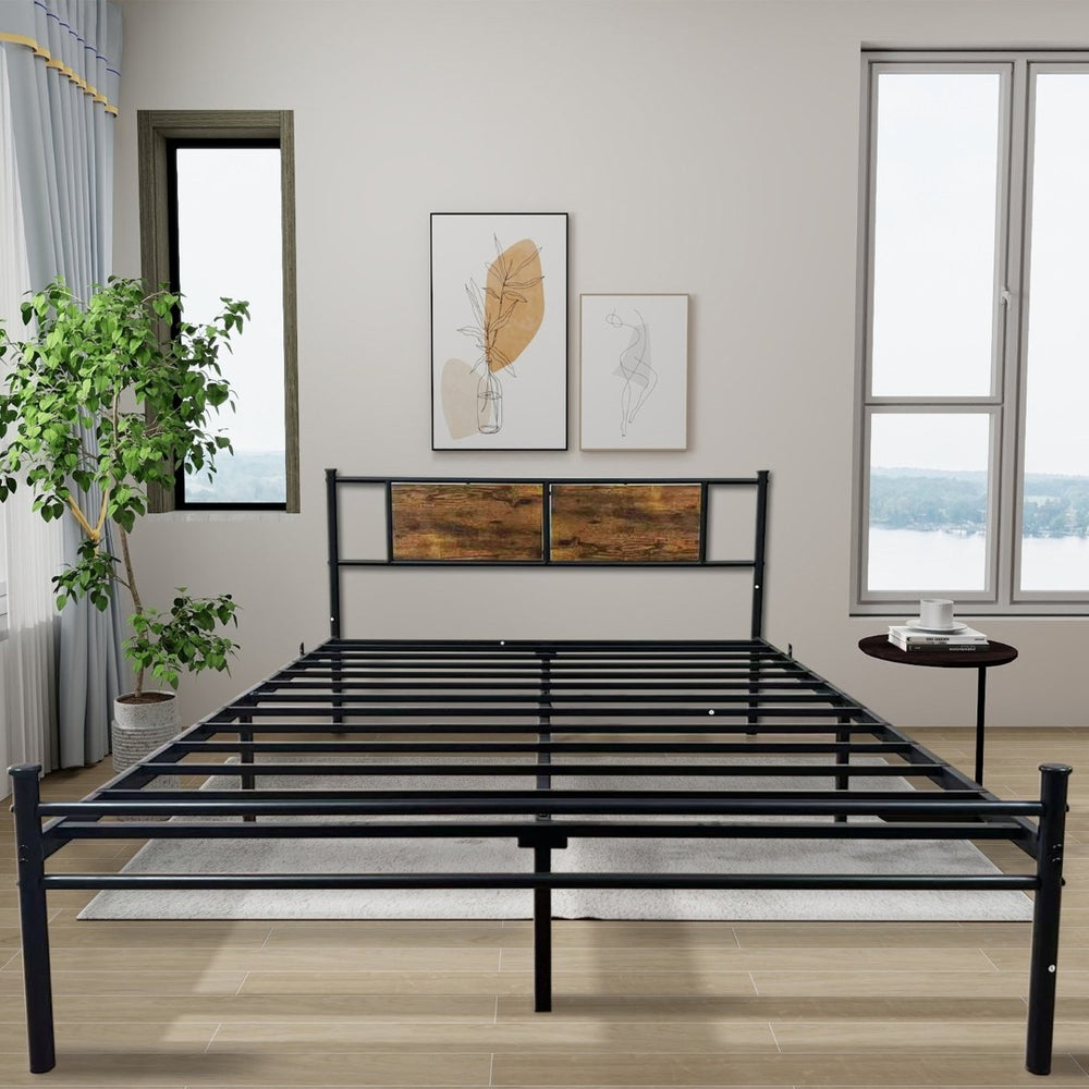 English Elm Queen Victorian Platform Bed Wood Paneling Metal Frame with Under Bed Storage Space W3286P308822
