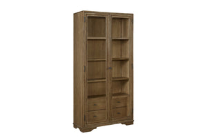 English Elm Tall Display Cabinet with Glass Doors and Drawers, Cashew Hickory Veneer for Elegant Storage & Décor Almond 43.5 L x 20 W x 85 H B2699P383822