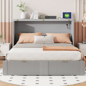 English Elm Full Size Wall Murphy Bed Cabinet with Usb Ports Drawer and Pulley Lift Gray Finish LP100770AAE