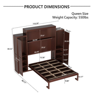 English Elm Queen Murphy Wall Bed Walnut Wooden Frame Dual Wardrobes Foldable Guest Room Storage N733S235627D
