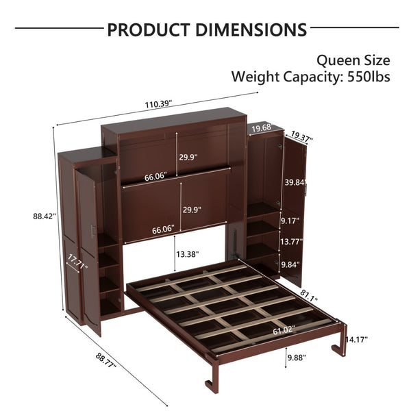 English Elm Queen Murphy Wall Bed Walnut Wooden Frame Dual Wardrobes Foldable Guest Room Storage N733S235627D