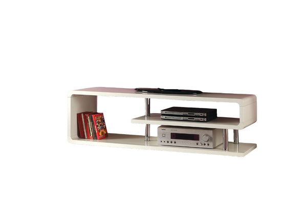 English Elm Contemporary Curved Shelving TV Console with Chrome Poles, High Gloss Lacquer Finish, Sleek Design White 60 L x 19 W x 7 H B2741P361976
