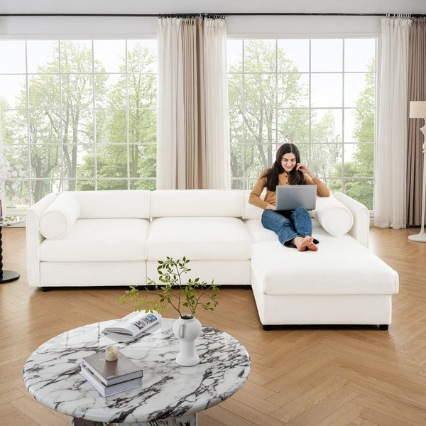 English Elm Elegant White Chenille Sectional Sofa With Storage, Ergonomic Design & Modular Style For Modern Living W714S01038