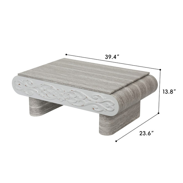 English Elm Rounded Edge Coffee Table Solid Wood Engraved Drawer Modern Living Room Storage Beige+Grey W3040P428762
