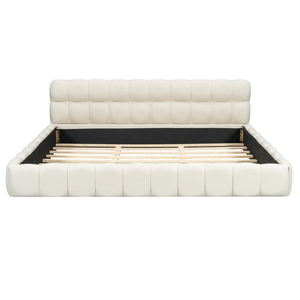 English Elm King Channel Stitched Linen Platform Bed Low Profile Contemporary Upholstered Frame Beige N737P387605A