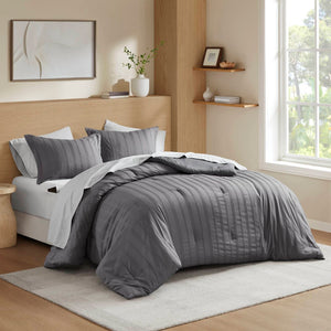 English Elm 7-piece Cal King Woven Stripe Comforter Set Neutral Polyester Bedding for Modern Bedroom Charcoal B035P463204