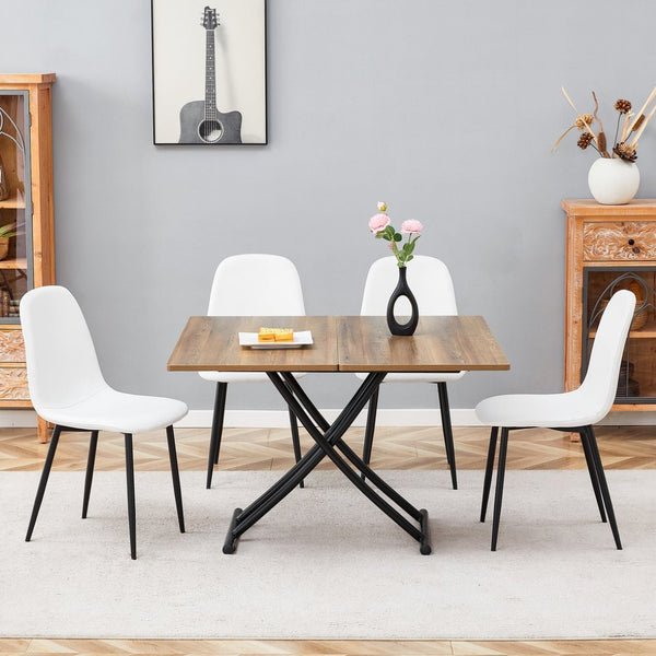 English Elm Table and Chair Set Adjustable Height Mdf Wood Grain Top with Four Linen Dining Chairs W1151S03771