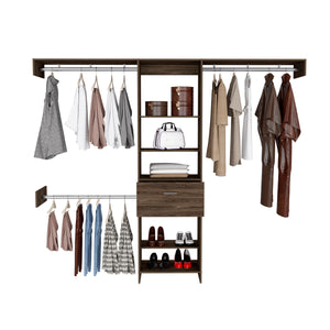 English Elm Cross Closet System premium organizer with one smooth drawer, three metal rods and five open shelves for versatile storage and style Brown 82.68 L x 20.87 W x 3.94 H B128S00082