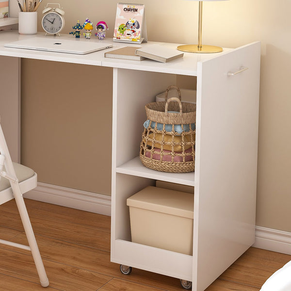English Elm Stretchable expandable office desk with magnetic fold, lockable casters, adjustable shelves for storage and space-saving White W509P355680