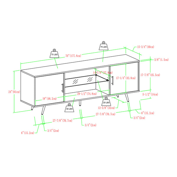 English Elm Walker Edison - Mid-Century 70" TV Stand for 80" TVs — Birch MDF Console with Glass Shelf, Soft-Close Doors, Cable Management B185P169366