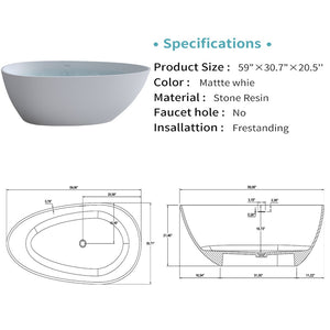 English Elm 59'' Freestanding Resin Stone Soaking Tub Sculptural Matte Finish with Overflow Drain W2753P191227