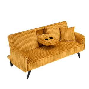 English Elm Minimalist Corduroy Reclining Sofa with Convertible Flat Sleeper and Cup Holder Orange W3356P421778