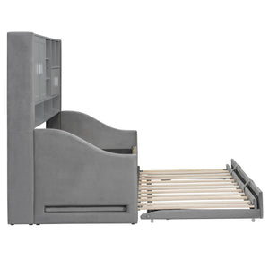 English Elm Twin Upholstered Daybed with LED Armrest Lighting, Hidden Storage Shelves & Lift-Up Pull-Out Trundle Gray SF000198AAE