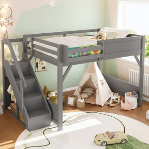 English Elm Twin Low Loft Bed Solid Pine Frame Kids Study Desk Blackboard Storage White Gray W1580S00469