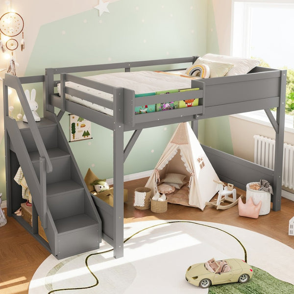 English Elm Twin Low Loft Bed Solid Pine Frame Kids Study Desk Blackboard Storage White Gray W1580S00469