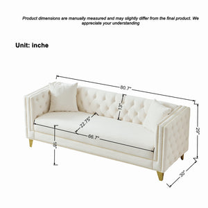 English Elm 80"Chesterfield Velvet Sofa with Tufted Buttons & Nailhead Trim, Deep-Seated 3-Seater, Solid Wood Frame Beige W3373S00026