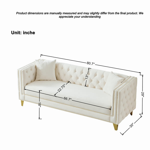 English Elm 80"Chesterfield Velvet Sofa with Tufted Buttons & Nailhead Trim, Deep-Seated 3-Seater, Solid Wood Frame Beige W3373S00026