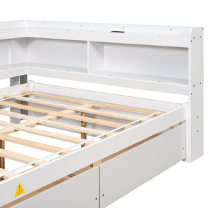 English Elm Full Platform Bed with L-shaped Bookcase Built-in Power Outlets and Storage Drawers White W504S00340