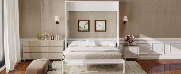 English Elm Queen Murphy Bed with Desk, Built-In LED Lights, USB Charging Ports & Space-Saving Modern Design White N7500004014K