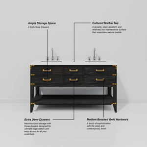 English Elm Black Oak Double Bath Vanity: 60" W Solid Wood Design With Cultured Marble Top & Ample Storage B2731P261033