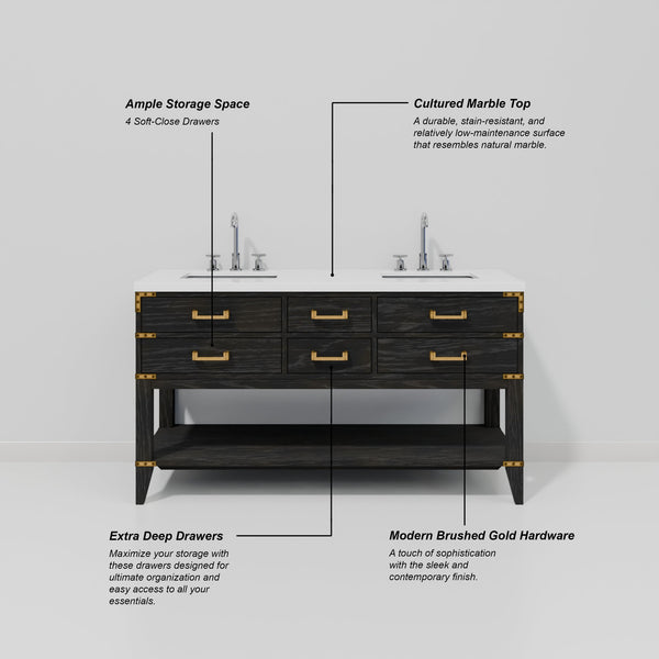English Elm Black Oak Double Bath Vanity: 60" W Solid Wood Design With Cultured Marble Top & Ample Storage B2731P261033