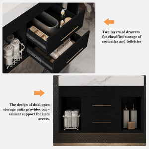 English Elm 29.9" Floating Bathroom Vanity Sintered Stone Top Soft Close Drawers Bronze Gold Hardware W3136S00038