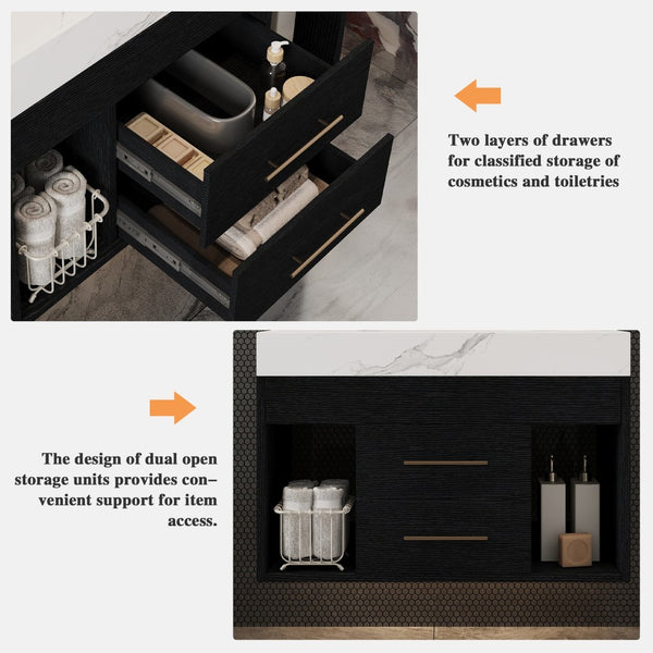 English Elm 29.9" Floating Bathroom Vanity Sintered Stone Top Soft Close Drawers Bronze Gold Hardware W3136S00038