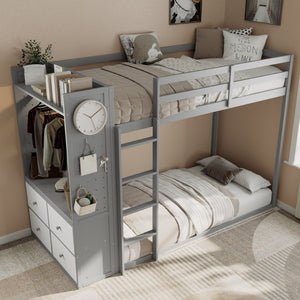 English Elm Twin Bunk Bed with Storage Drawers Hanging Rail Led Shelves and Pegboard Organizer Gray LT000282AAE