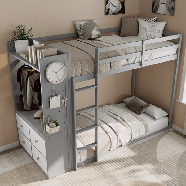 English Elm Twin Bunk Bed with Storage Drawers Hanging Rail Led Shelves and Pegboard Organizer Gray LT000282AAE