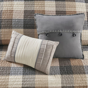 English Elm 6 Piece Reversible Herringbone Quilt Set With Cozy Buffalo Plaid & Embroidered Pillows - Full/Queen B03597577