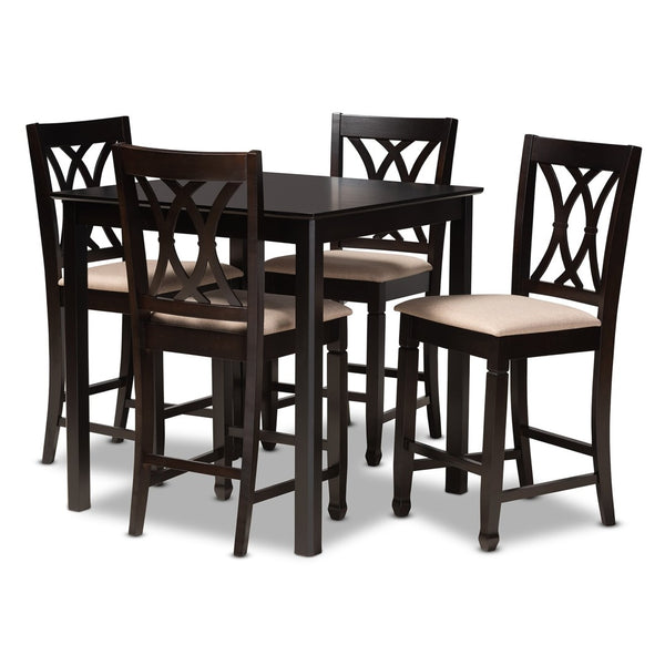 Baxton Studio Baxton Reneau 5-Piece Modern Pub Set - Sand Upholstered Chairs & Espresso Table for Small Spaces RH316P-Sand/Dark Brown-5PC Pub Set
