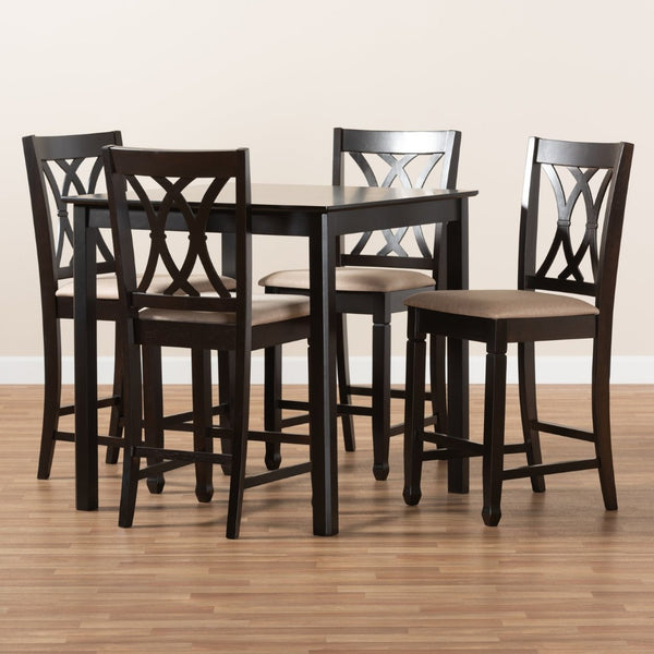 Baxton Studio Baxton Reneau 5-Piece Modern Pub Set - Sand Upholstered Chairs & Espresso Table for Small Spaces RH316P-Sand/Dark Brown-5PC Pub Set