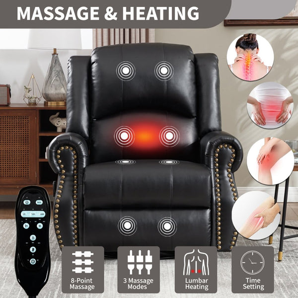 English Elm Heat Massage Rocker Swivel Recliner Chair with Lumbar Relief Nodes for Living Room Black W3224S00032
