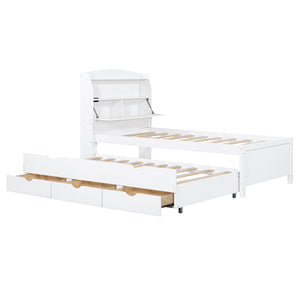 English Elm Twin LED Platform Bed with Trundle and Under-Storage Drawers, Flip-Up Headboard, USB Ports White N820S10008K