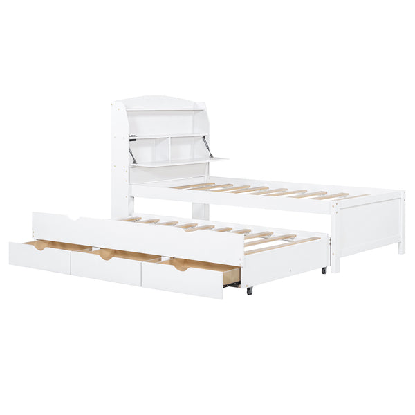 English Elm Twin LED Platform Bed with Trundle and Under-Storage Drawers, Flip-Up Headboard, USB Ports White N820S10008K
