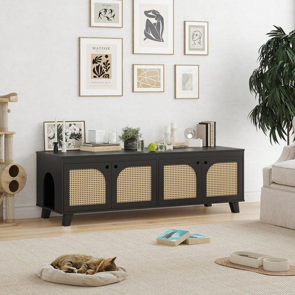 English Elm Double Hidden Cat Litter Box Enclosure with Rattan Doors, Two Spacious Compartments, Odor Control Stand Black T3623P380857