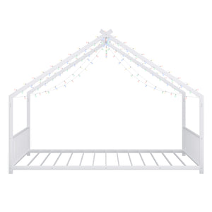 English Elm Full Full-size children's bed frame with LED roof design, white iron house-style frame, sturdy 350lb capacity W1820P356060