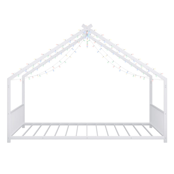 English Elm Full Full-size children's bed frame with LED roof design, white iron house-style frame, sturdy 350lb capacity W1820P356060