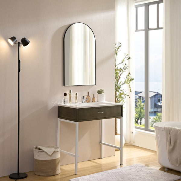 English Elm Wall Mirror 40X30 Inch Arched Black Metal Frame For Elegant Bathroom, Living Room & Bedroom Decor W2091P345025-GIGA