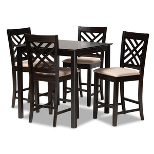 Baxton Studio Baxton Caron 5-Piece Modern Pub Set - Espresso Brown Table & Sand Fabric Chairs for Cozy Dining RH317P-Sand/Dark Brown-5PC Pub Set