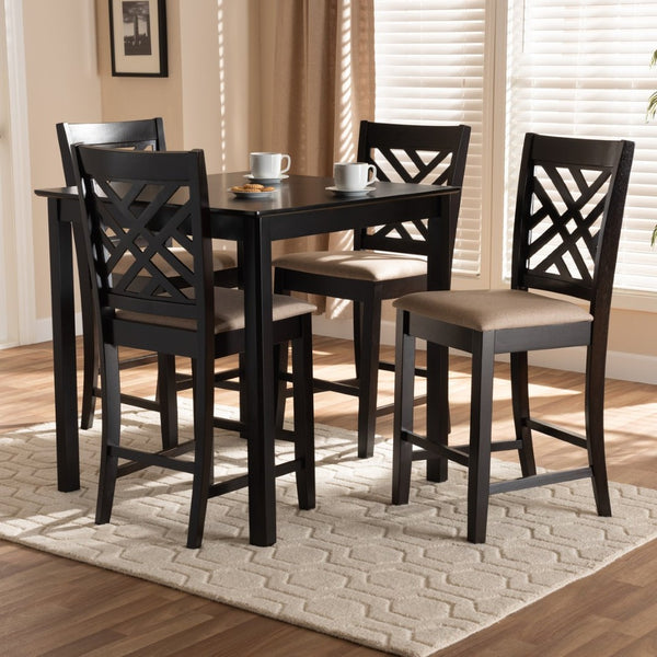 Baxton Studio Baxton Caron 5-Piece Modern Pub Set - Espresso Brown Table & Sand Fabric Chairs for Cozy Dining RH317P-Sand/Dark Brown-5PC Pub Set