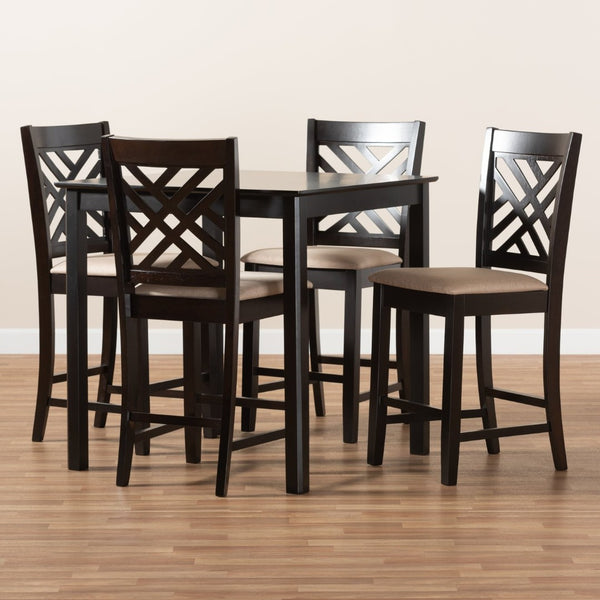 Baxton Studio Baxton Caron 5-Piece Modern Pub Set - Espresso Brown Table & Sand Fabric Chairs for Cozy Dining RH317P-Sand/Dark Brown-5PC Pub Set