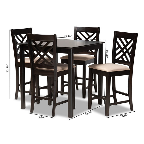 Baxton Studio Baxton Caron 5-Piece Modern Pub Set - Espresso Brown Table & Sand Fabric Chairs for Cozy Dining RH317P-Sand/Dark Brown-5PC Pub Set