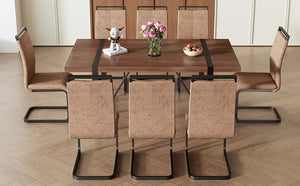 English Elm Table Set – Industrial Walnut Dining Table With 8 Brown Tech Fabric Chairs & Black Metal Legs, 71"X39" W1151S02440-GIGA